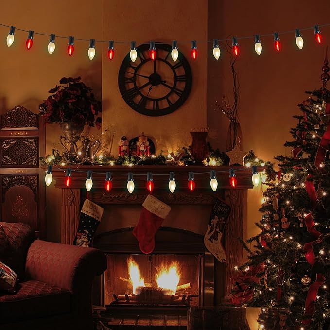 C7 LED Christmas String Lights, 25Ft Clear Red/ Frosted White Christmas String Lights with 27 LED Edison Bulbs, Connectable Vintage Christmas Lights for Outdoor Christmas Garden Wedding Party Decor