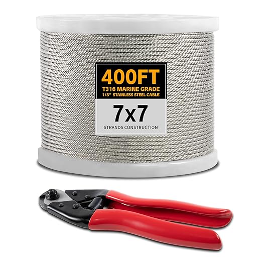 400FT 1/8" Stainless Steel Cable Wire Rope with Cutter, Cable for Deck Railing, 1800 lb Breaking Strength 7x7 Strands, T316 Aircraft Cable for Stair, Fence, Porch