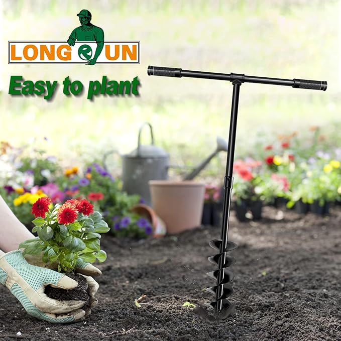 LONGRUN T-Shaped Garden Auger Drill Bit for Planting, Hand Operated Spiral Post Hole Digger, Easy Rapid Planter for Bulbs Flowers, Trees, Seedlings Planting, Bedding, Umbrella Holes-4 & 6x38 Inch Set