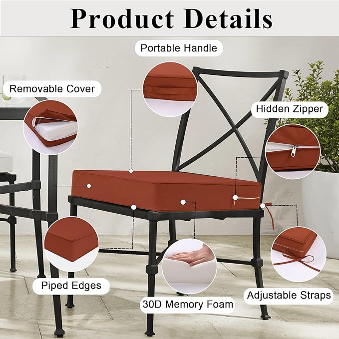 Outdoor Chair Cushions Set of 2 for Patio Furniture 24x24x4 Inch Waterproof Patio Chair Cushion 3 Year Color Fastness Square Elastic Foam Garden Sofa Couch Pads with Ties and Handle,Spice