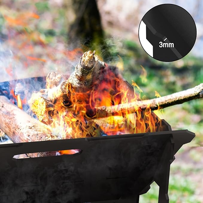 20 inch Fire Pit, Outdoor Portable Firepit with BBQ Tray, Detachable Camping Steel Fire Pits for Backyard, Patio, Picnic, Bonfire, Garden (Black-Large)