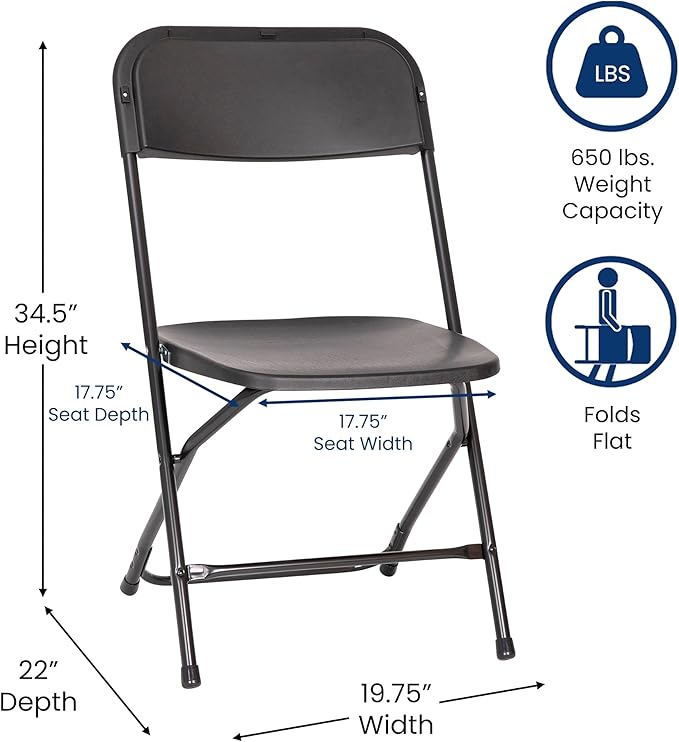 Flash Furniture Hercules Series Big & Tall Stackable Plastic Folding Chairs, Extra Wide Commercial Event Seats, Set of 4, Black