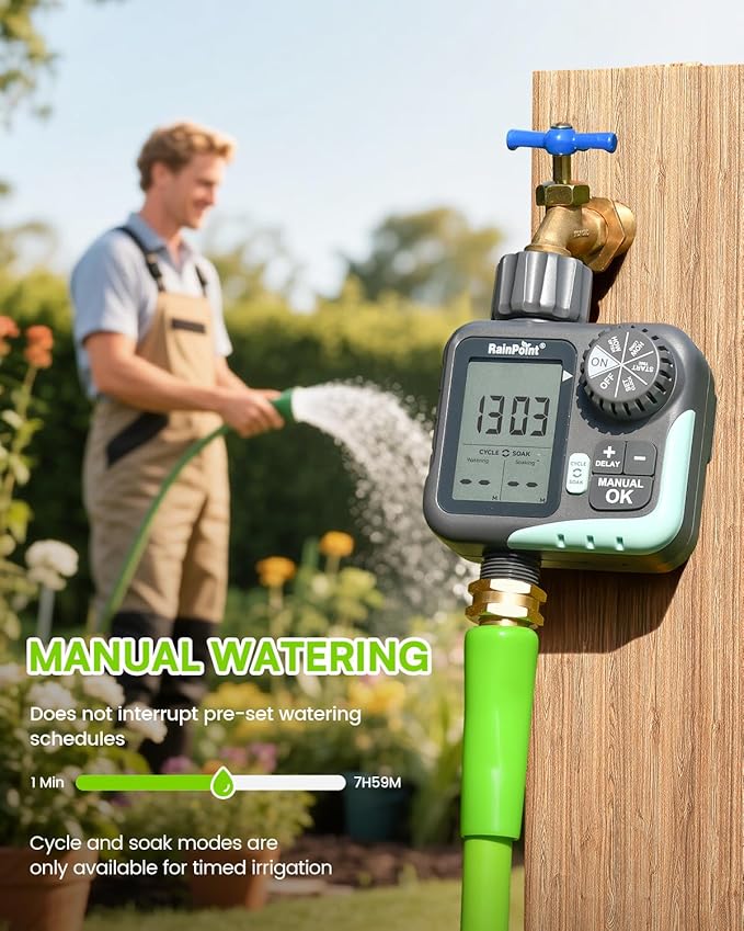 RAINPOINT Sprinkler Timer - Cycle & Soak Water Timer for Garden Hose with Rain Delay/Automatic Watering/Manual Watering, Programmable for Lawn, Yard, Irrigation System, Outdoor