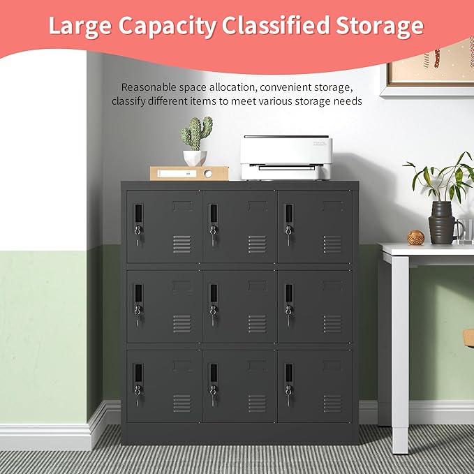 Metal Lockers for Employees,Office Storage Locker with 9 Doors Black,Employee Locker with Lock and Card Slot,Steel Staff Locker Storage Cabinet for Gym Home School Garage,Assembly Required