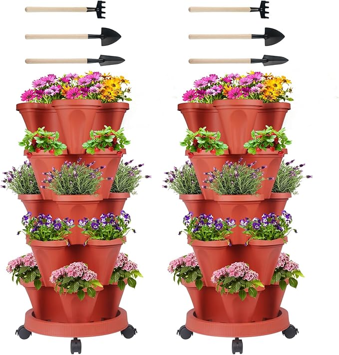DUNCHATY Stackable Planters 5 Tier Vertical Garden Planting Tower Planters Strawberry, Herb, Flower, and Vegetable Planter Indoor Outdoor Gardening Pots with Removable Wheels and Tools, 2 Bundle