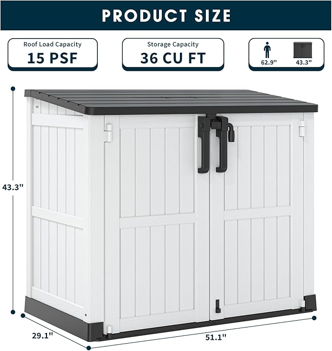 Outdoor Storage Cabinet 36 Cu Ft with Lockable Doors, Portable Horizontal Resin Storage Shed -Easy to Assemble, Waterproof Outdoor Storage Box for Backyards,Patios