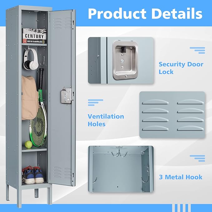 Letaya Storage Lockers with Lock Door,Metal Storage Cabinet 3 Tier with Hook for Employees, School,Gym, Home,Office(1 Door-Gray)