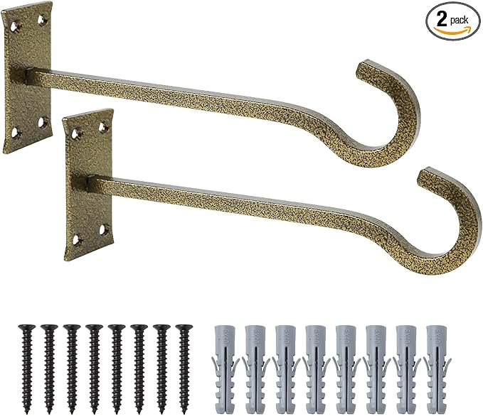 10 inch Heavy Duty Hanging Plant Bracket Decorative Wall Hook 2 Pack (Gold Hammertone)