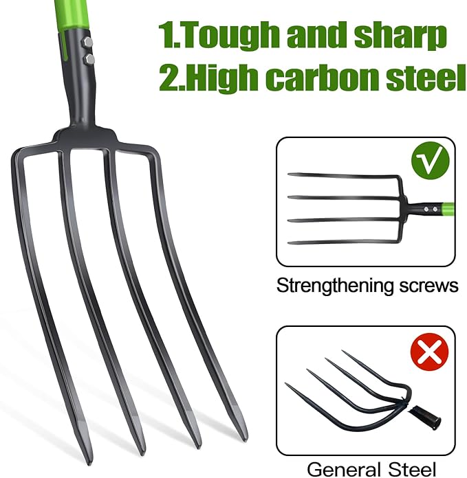 GARDENWORK Garden Fork,Pitchfork for Garden Digging Compost Spading,4-Tines Pitch Fork with Steel Handle and Strengthen Fork Head 45inches (with Protective Gloves)