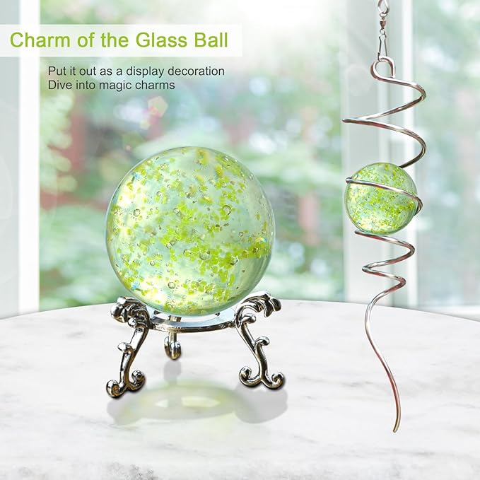 Glow in The Dark Gazing Ball Spiral, Wind Spinner Tail, Wind Spinners Stabilizer, Hanging Outdoor Decor for Garden Yard Art Decor Christmas Ornament Sun Catcher Rainbow Maker 13in Height