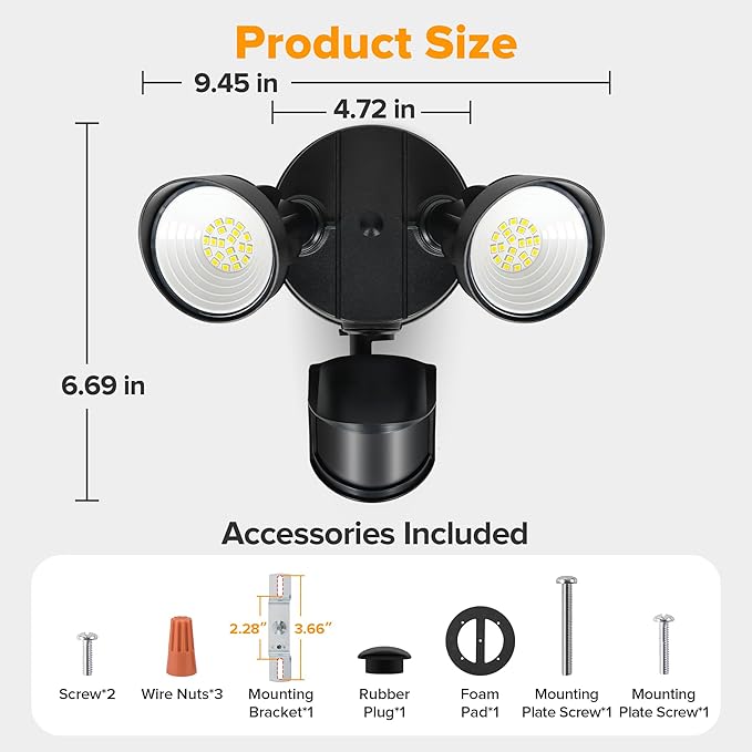 UME LED Security Light Motion Sensor Outdoor Lights, 27W 3000LM, 5000K, IP65 Waterproof, Dusk to Dawn, 2 Head Motion Detector Flood Light for Outside, Garage, Yard (Black)