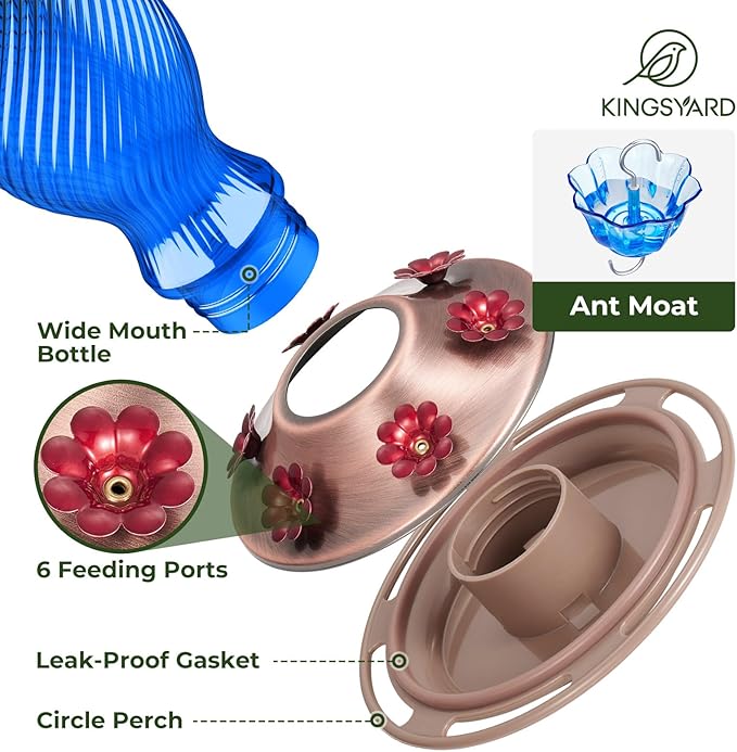 Kingsyard Glass Hummingbird Feeders for Outdoors, 24 oz Hummingbird Nectar Feeder for Outdoors Garden Yard Décor, 6 Feeding Ports, Ant Moat Included, Easy to Clean & Refill, Navy Blue