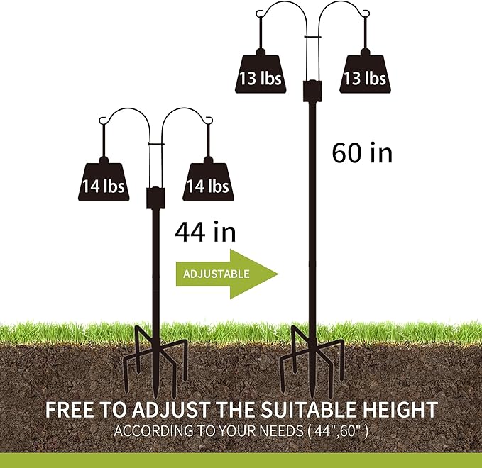 XDW-GIFTS Double Shepherds Hooks for Outdoor, 2-Pack Heavy Duty Garden Pole for Hanging Bird Feeder, Plant Baskets, Solar Light Lanterns, Garden Plant Hanger Stands with 5 Base Prongs