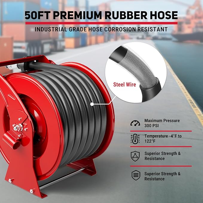 Fuel Hose Reel 1" x 50FT Extra Long Retractable Diesel Reel 300 PSI Auto Swivel Rewind Diesel Hose Reel with Fueling Nozzle Industrial Carbon Steel for Vehicle Tank Truck Trailer Ship, Red