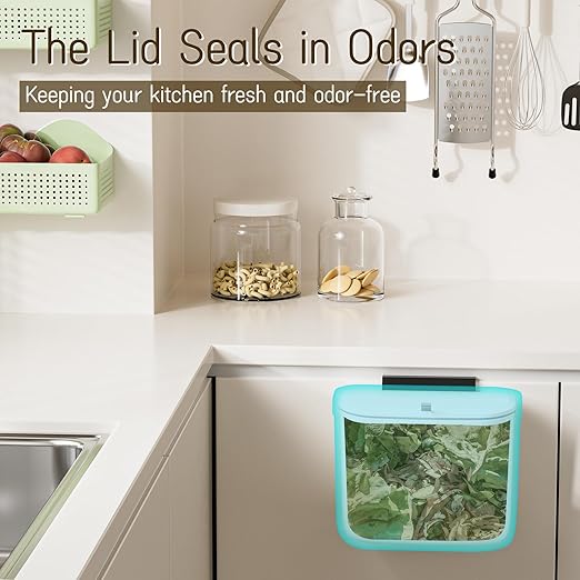 1.9 Gallon Kitchen Compost Bin Hanging Small Trash Can with Lid Under Sink Dual Installation & Triple-Seal Technology, Odorless Kitchen/Bathroom/Office Trash Can for Home, RV