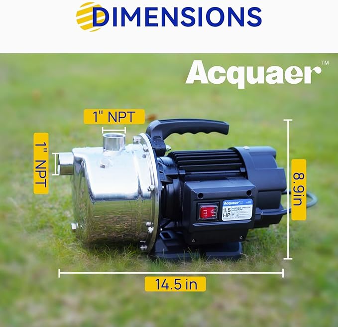Acquaer 1.5 HP Portable Shallow Well Pump Garden Pump, Stainless Steel, 1210 GPH, 115V Sprinkler Water Transfer Draining Irrigation for Water Removal and Lawn Garden