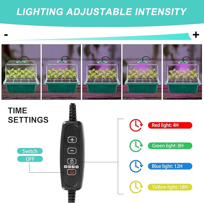 Seed Starter Tray with Grow Light, Plant Germination Starter Kit Seed Starter kit with Humidity Dome and Base for Greenhouse Grow Wheatgrass Hydroponic (Timed Seedling Tray)