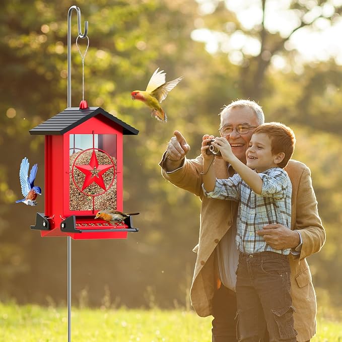 Squirrel Proof Bird Feeder for Outdoors Hanging, Metal Wild Bird Seed Feeder with Bilateral Weight-Activated Perches, 5LB Large Capacity Wild Bird Feeders for Outside Finch, Cardinal, Blue Jay