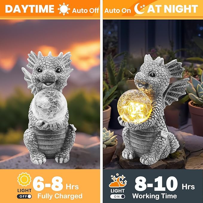 Solar Garden Outdoor Statues 7.2" Resin Dragon Statues Holding Magic Ball with Solar Lights,Lawn Decor for Patio, Balcony, Yard Ornament,Unique Gifts for Mom Grandma Housewarming