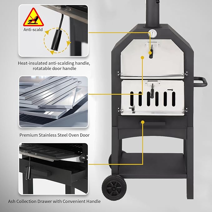 Outdoor Pizza Oven, Wood Fired Pizza Oven with Wheels for Outside, Portable Pizza Maker with Stone, Peel, Cover & Cooking Grids for Backyard, Patio, Camping, Black