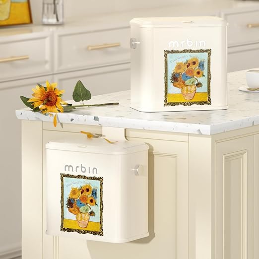 Mrbin Metal Compost Bin Countertop with Lid, Hanging Trash Can for Kitchen Cabinet Door, Wall Mounted Indoor Recycle Basket Food Waste Scrap Dustbin for Kitchen Under Sink with Inner Bucket, Sunflower