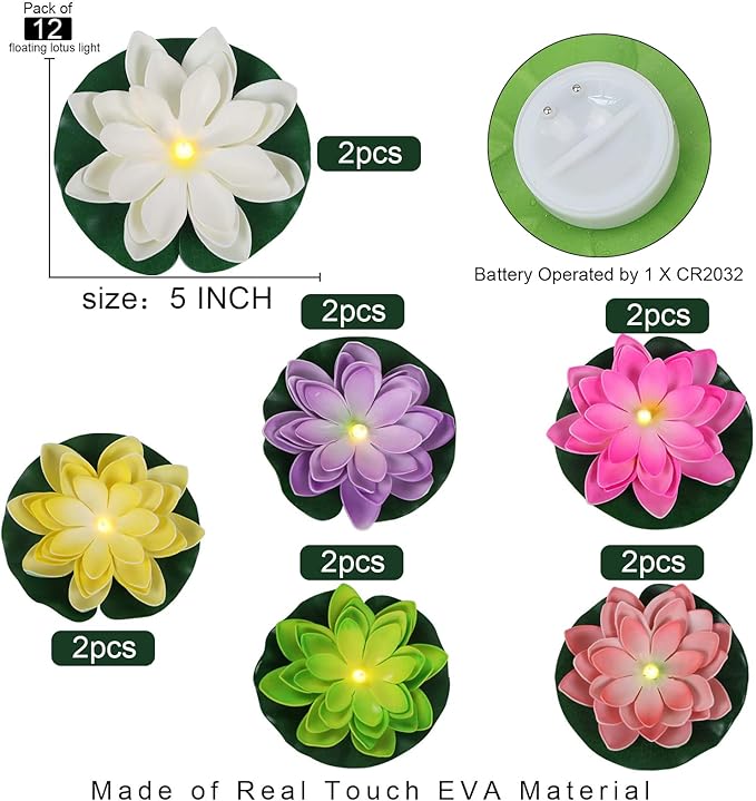 12 PCS Waterproof Floating Lotus Light - Diwali 5 Inch Floating Flower Light Battery Operated Water Activated Warm White Light Pool Flower Lamp Wedding,Anniversary,Garden Decoration(Mix-Color)
