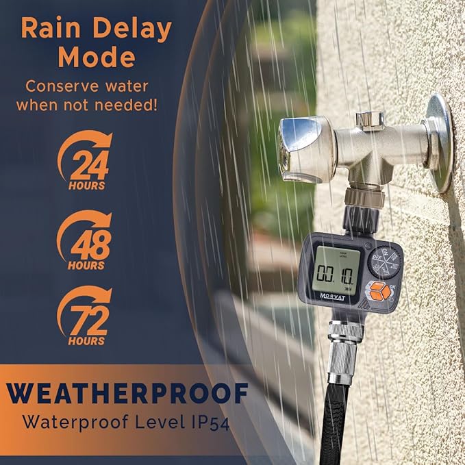 Morvat Sprinkler Timer Outdoor, Garden Hose Faucet Water Timer with Rain Delay, Programmable Automatic/Manual Modes, Watering Irrigation Timer System + Teflon Tape, 2 Spare Washers & 2 Filter Washers