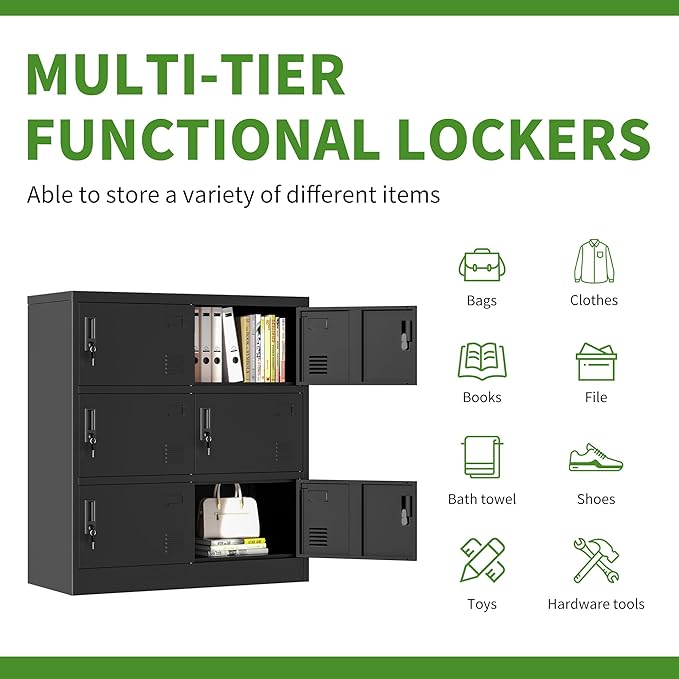 6 Doors Metal Lockers for Employees, Steel Storage Locker with Lock and Card Slot, Employee Lockers for Home, Office, School, Gym, Require Assembly(Black)