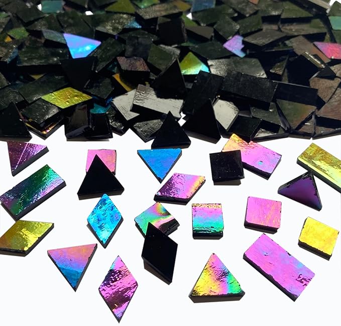 Iridescent Black Glass Mosaic Tiles, 280 Pieces Mixed 4 Shapes Stained Glass Sheets, Mosaic Making Supplies for Adults