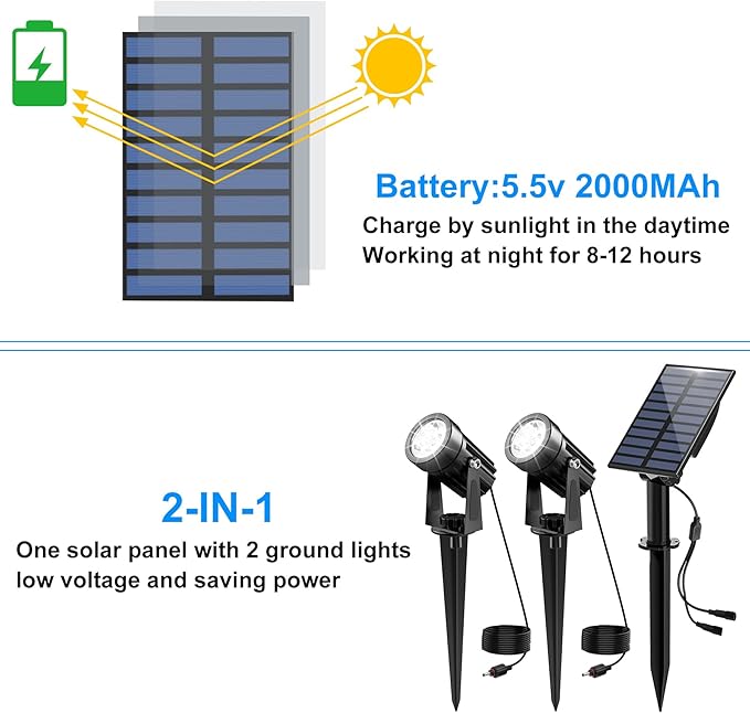 Solar Spot Lights Outdoor, 2-in-1 Solar Landscape Spotlights IP65 Waterproof 9.8ft Cable,Auto On/Off Outdoor Wall Lights for Garden Yard Driveway Porch Walkway Pool(6000K White)