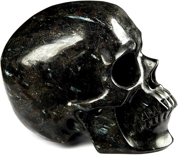 Skullis 5.0" Russian Arfvedsonite Hand Carved Crystal Skull, Super Realistic, Crystal Healing, Hand Carved Gemstone Fine Art Sculpture, Reiki Healing Stone Statue. z8