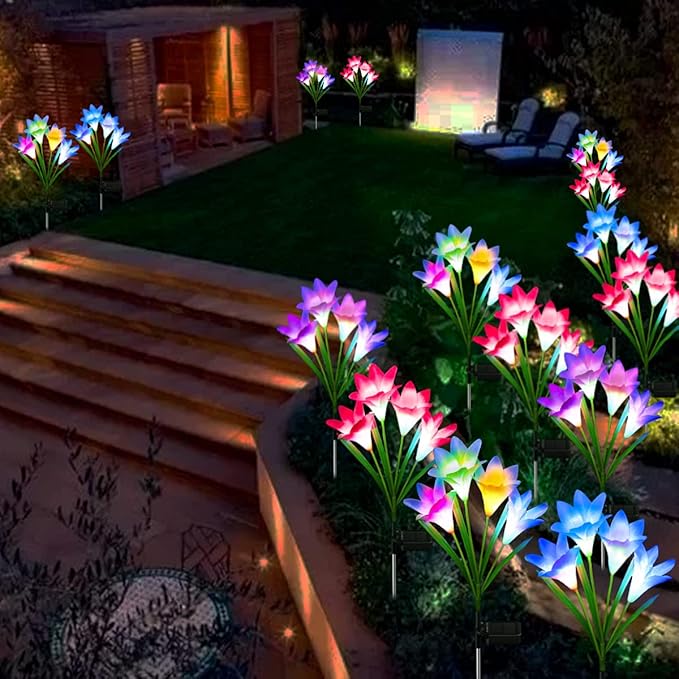 Solar Flowers - 5 Pack Lily Lights, 20 Flowers Lilies Outdoor Waterproof, Color Changing Garden Lights for Lawn, Yard Decoration