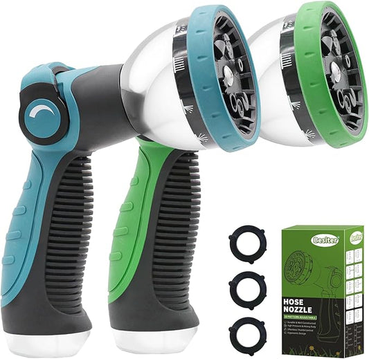 Garden Hose Nozzle Sprayer: 2 Pack 10 Watering Patterns Spray Nozzles Heavy Duty Metal Hose Head Hose Attachment, Thumb Control On Off Valve