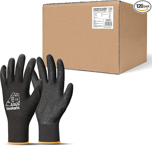 toolant Crinkle Latex Work Gloves Bulk, Rubber Coated Safety Work Gloves for Men and Women, 120 Pairs for Construction, Gardening, Warehouse (Black, Large)