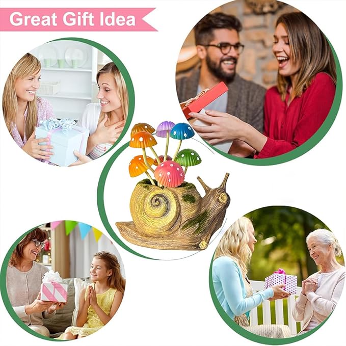 1 Pack Solar Garden Mushroom Snail Statue Gift, Solar Outdoor Sculpture Outdoor Patio Art, Porch Deck Balcony Front Garden Decoration, Unique House Warming Gift