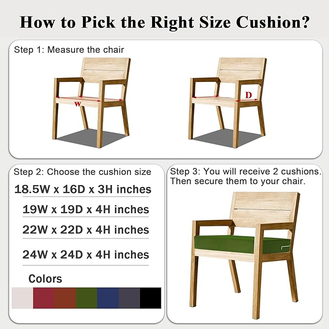 Outdoor Chair Cushions Set of 2 for Patio Furniture 22x22x4 Inch Waterproof Patio Chair Cushion 3 Year Color Fastness Square Elastic Foam Garden Couch Pads with Ties and Handle,Green