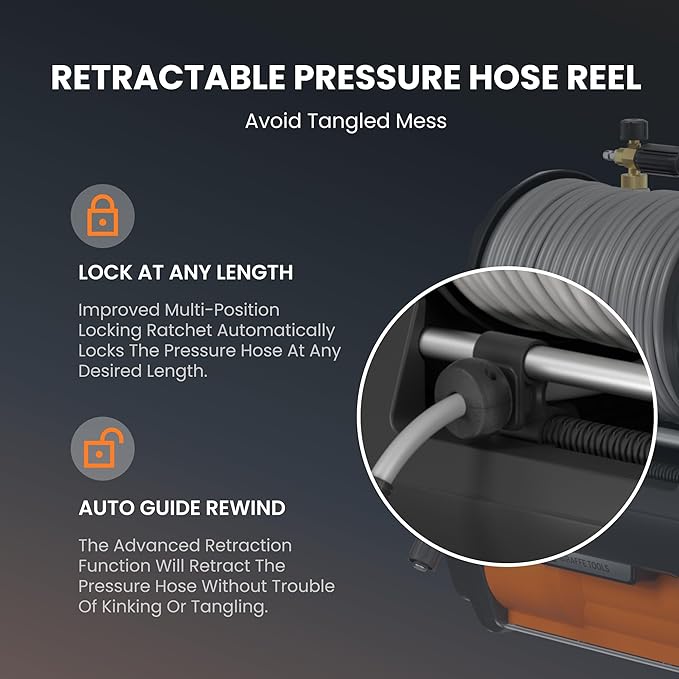 Giraffe Tools Grandfalls Pressure Washer Pro, Electric Wall Mount Power Washer with 100FT Retractable Pressure Hoses, 3700PSI, 1.6GPM, 4 Nozzles, Foam Cannon for Cars/Patios, Dark Silver