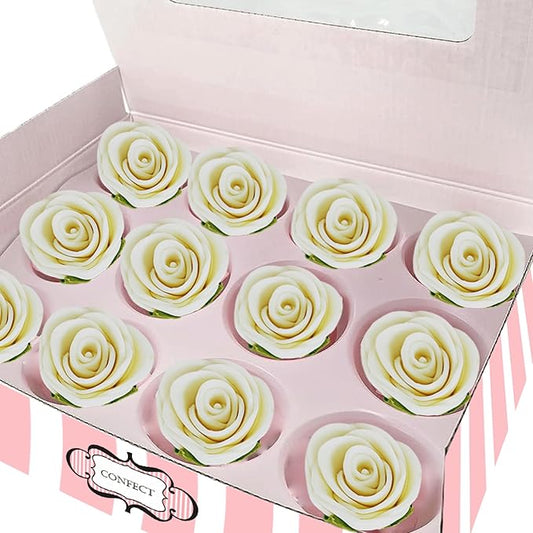 Confect Edible Flower | Edible Flower for cake & Cupcake decorations | Doughnut Edible Toppers | White venetian Flower - Vegan, Gluten-Free, Soy-Free, Dairy-Free, Palm Oil-Free -Pack of 12