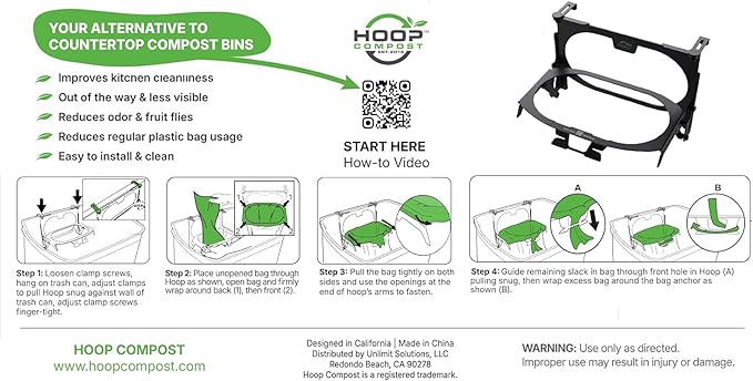 Hoop Metal Compost Bag Holder + 25 Compost Bags 3 Gallon, Clips to Kitchen Trash Can, Kitchen Cabinet Door, Replaces Countertop Compost Bin, Hanging Trash Can.