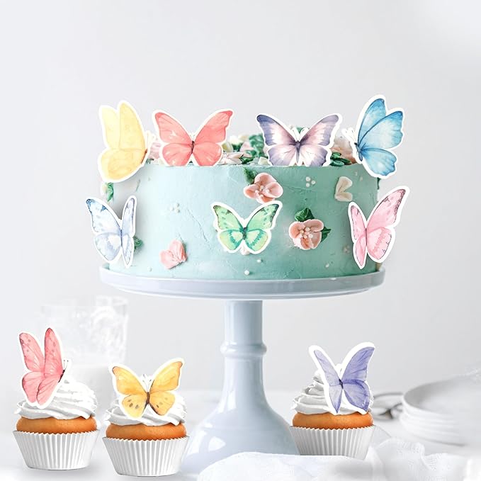 60 PCS Edible Butterfly Cupcake Toppers Edible Fondant for Cake Wafer Paper Butterflies Cupcake Picks Butterfly Cake Decorations Butterflies Theme Birthday Anniversary Wedding Party Supplies Colorful