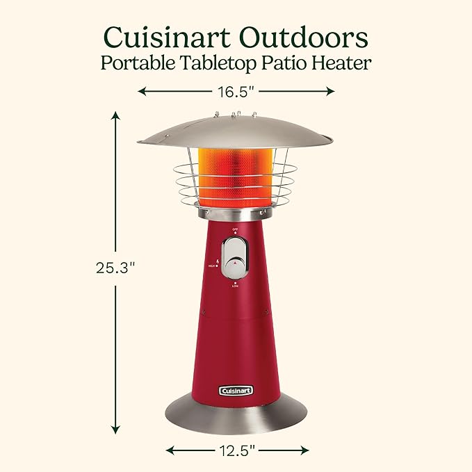 Cuisinart Portable Tabletop Patio Heater, 11,000 BTU Outdoor Propane Heater with Safety Tilt Switch and Adjustable Heat, Burner Screen Guard, 30 sq. Foot Heat Range, Red