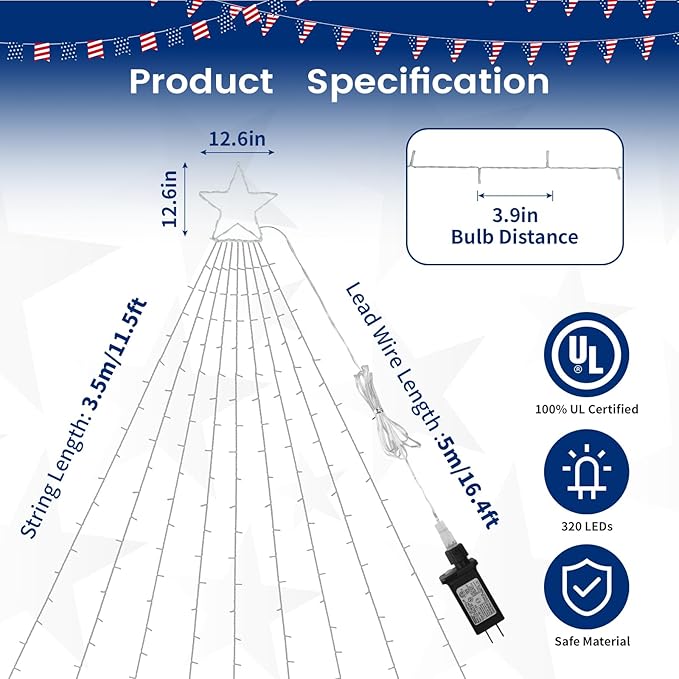 4th of July Decorations Lights, Red White Blue String Lights 320 LED 11.5 Ft Flag Stars Patriotic Light with Big Star Topper Waterproof 8 Light Modes for Indoor Outdoor Memorial Day Independence Day