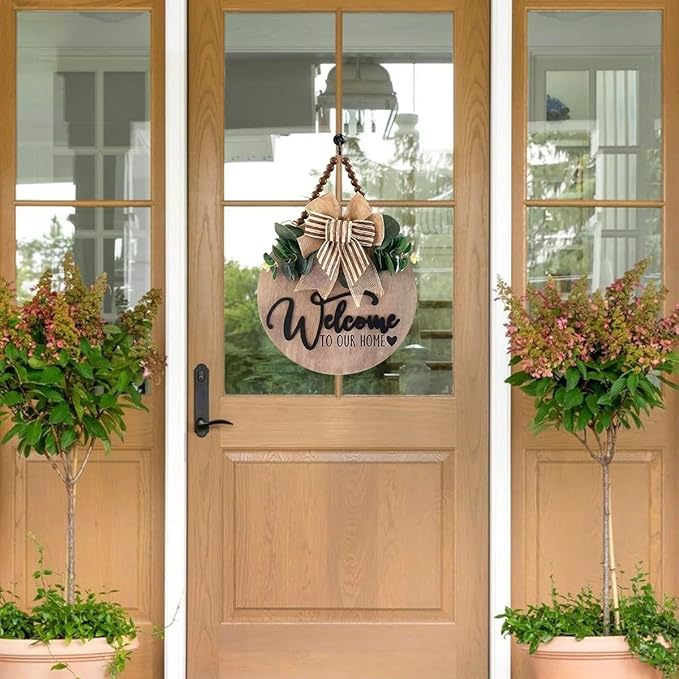3D Welcome Sign for Front Door | Home/Farmhouse Porch Décor Wooden Hanging Sign with Artificial Leaves and Rustic Beads | Christmas Classroom |12" Round