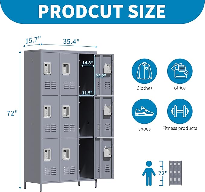 Metal Lockers for Employees, Storage Employee Locker, 72" Storage Lockers with Shelves Steel Cabinet for Home (Gray, 9 door-72'')
