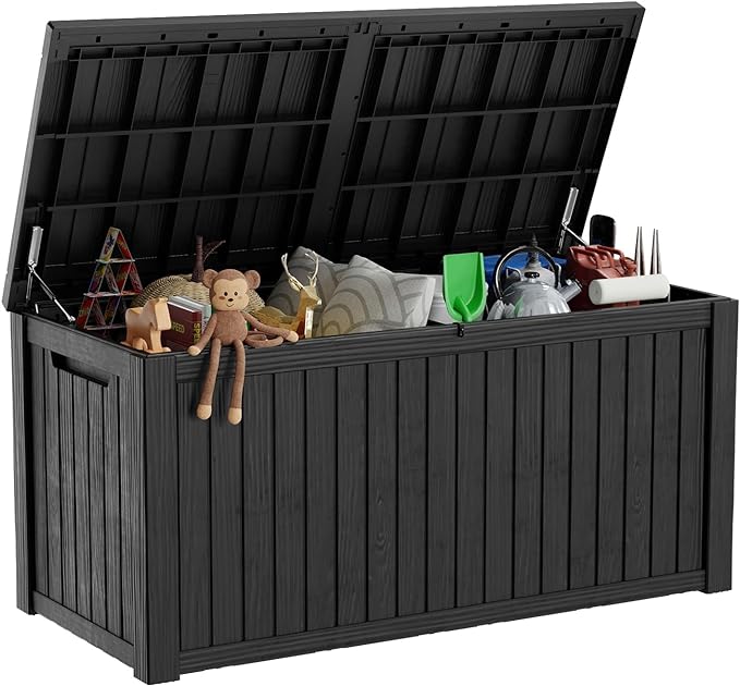 180 Gallon Deck Box,Resin Outdoor Storage Box with Lockable for Patio Furniture, Pool Accessories, Garden Tools Waterproof Outside Storage Box, Black