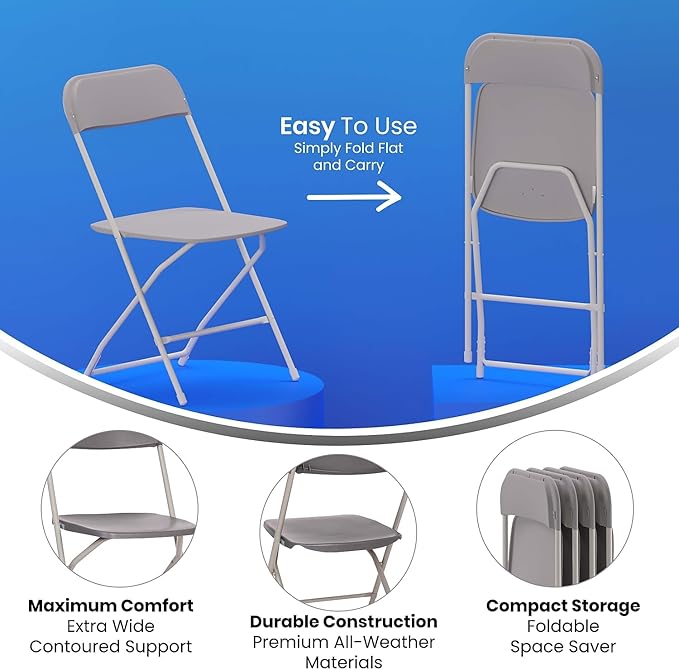 Flash Furniture Hercules Big and Tall Commercial Folding Chair - Extra Wide 650LB. Capacity - Durable Plastic - Gray, 4-Pack