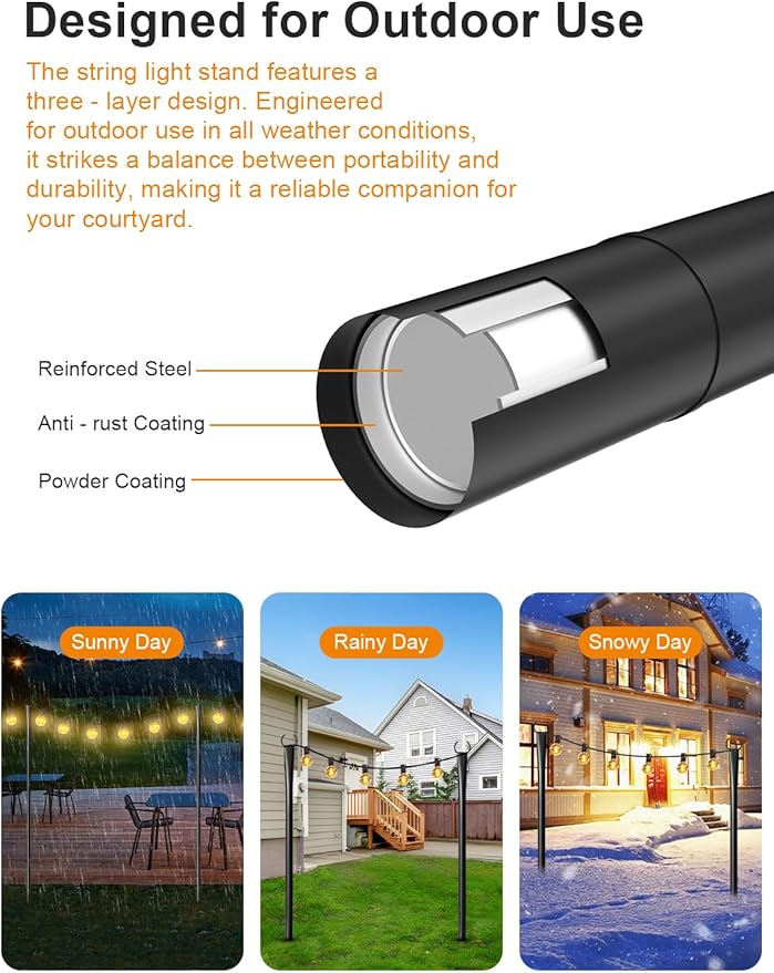 2 Pack String Light Poles for Outside, Thickened Metal Lights Hanger Pole Outdoor with Fork, Lighting Hanging Post Accessories for Patio Decor Garden Backyard Yard Front Porch Outside Decorations