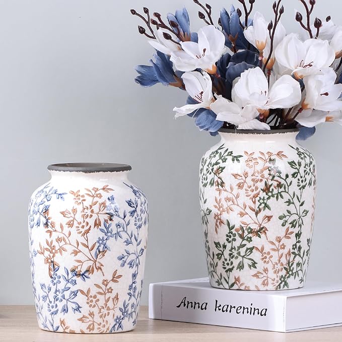 Vintage Vase for Flowers,Blue Chinoiserie Ceramic Vase,Rustic Farmhouse Cracked Vases,for Flower Arrangement,Living Room, Office, Shelf, Fireplace Tables,Centerpieces,Chinoiserie Pottery Decor(C)