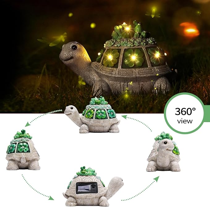 Turtle Solar Outdoor Light Garden Statue with Clover,Decoration for Patio,Yard,Lawn,Gifts for Women Mom Grandma