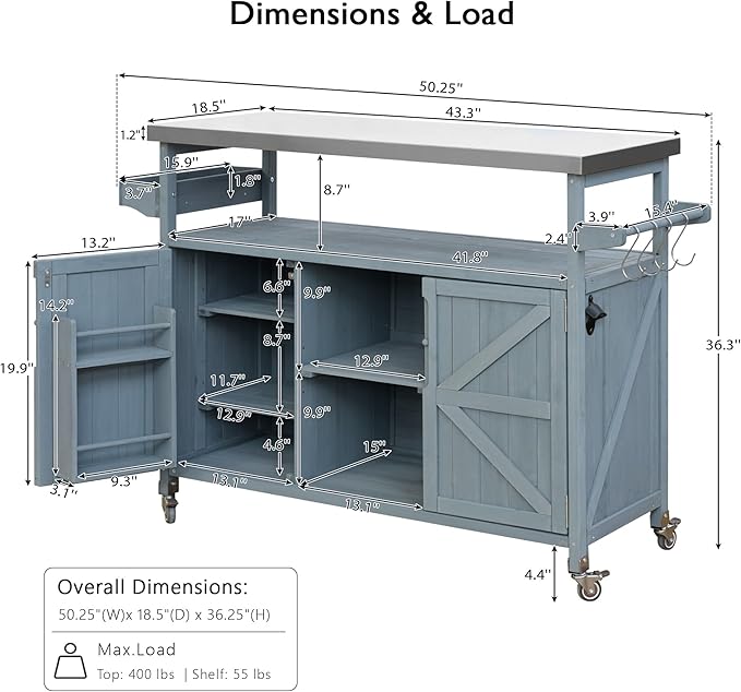 50.25" W Grill Cart with Stainless Steel Tabletop - Outdoor Storage Cabinet for BBQ, Bar Patio Kitchen Island with Ample Storage and Lockable Wheels